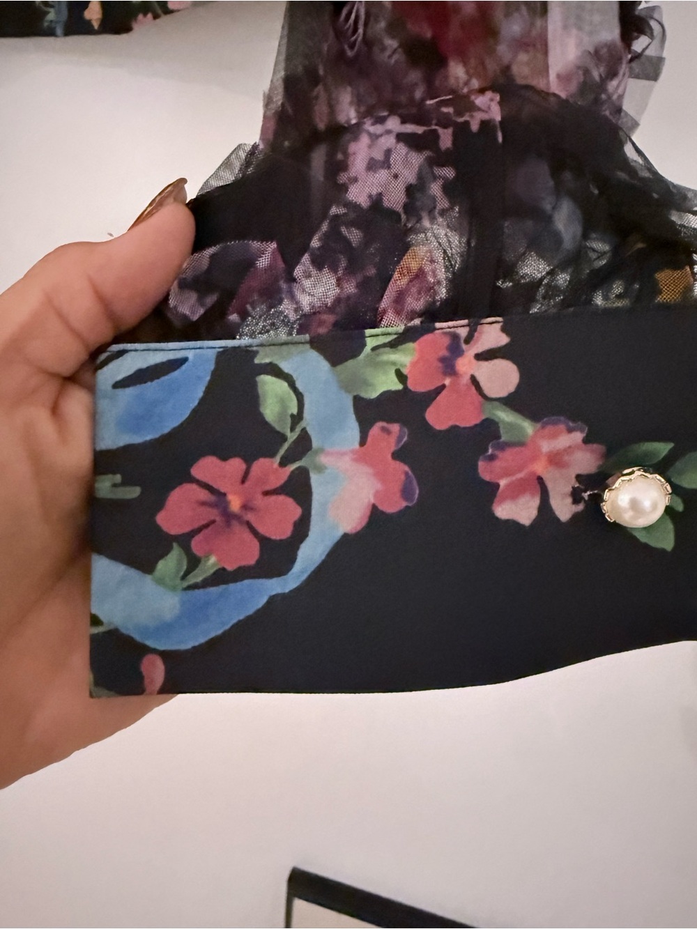 SHEIN Black Sheer Floral Ruffle Cropped Blouse with Pink and Blue Accents - Picture 5 of 5